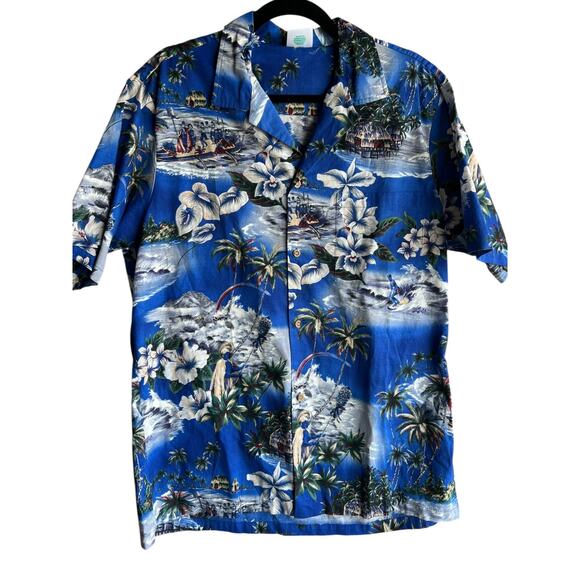Vintage Jade Fashions Men's Aloha Tiki Button Up Shirt Floral Blue Size Large - Picture 1 of 8